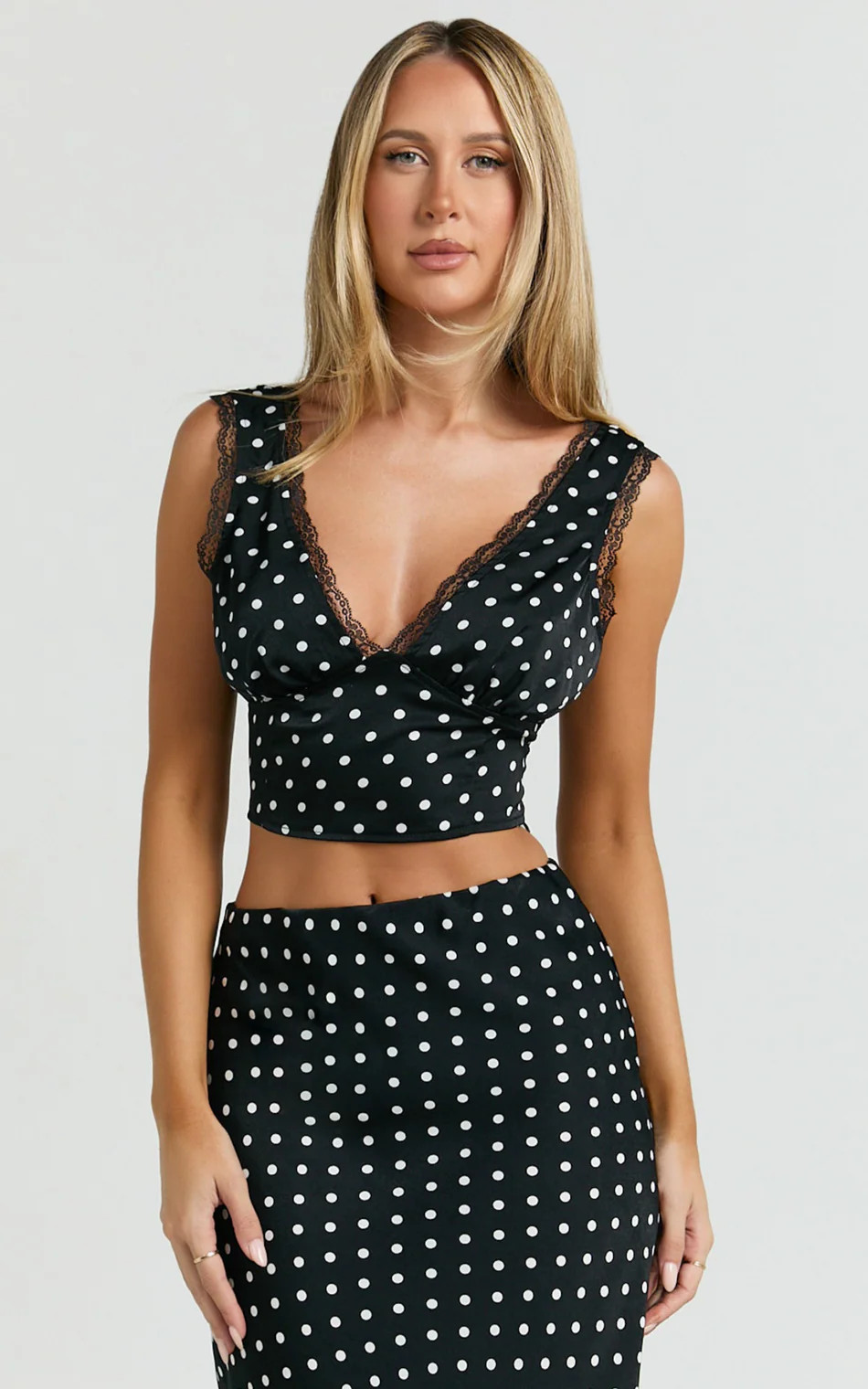 Amari Top - V Neck Lace Trim Polka Dot Top in Black | Showpo (US, UK & Europe)
