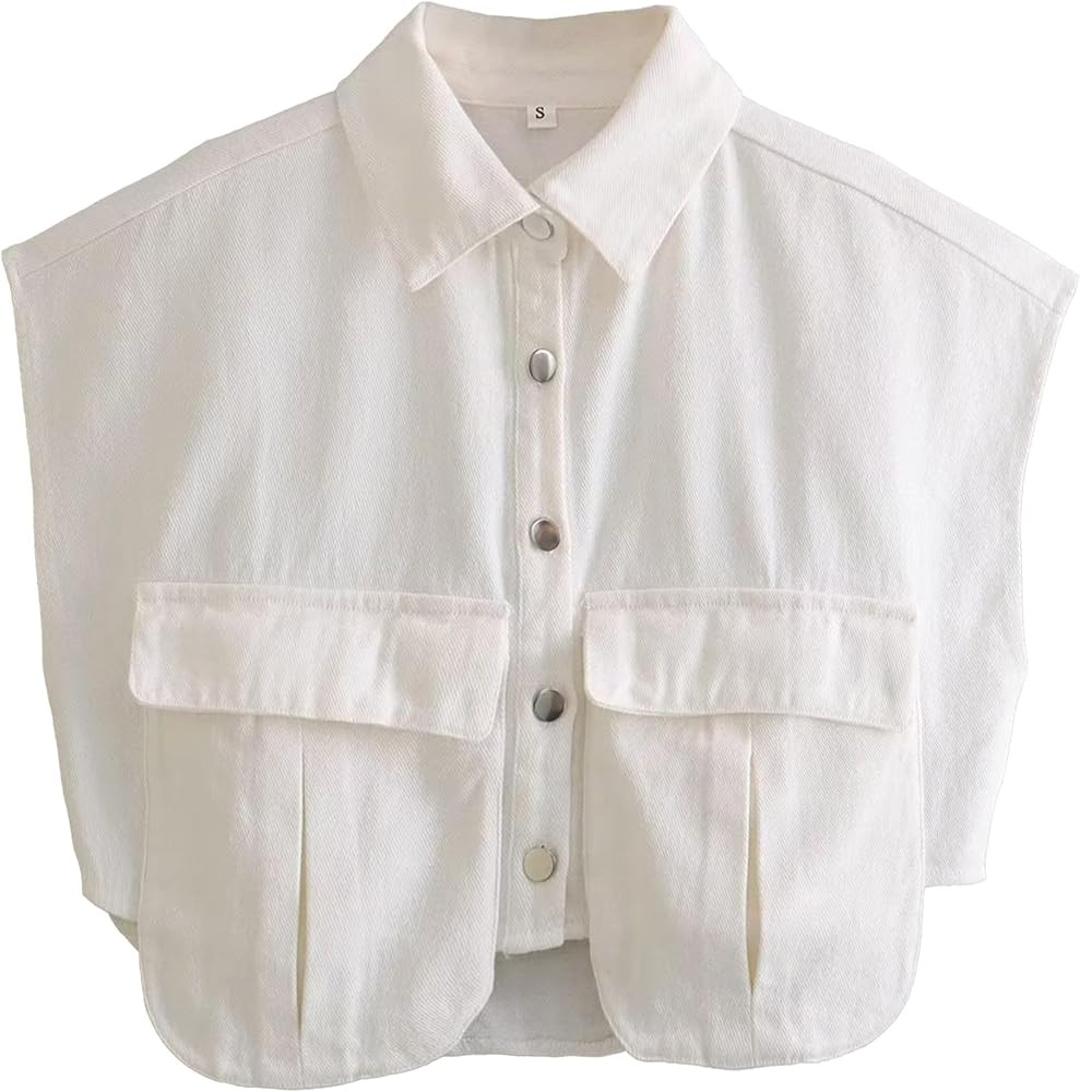 Denim Vest Women Button Down Polo Neck Cropped Loose Sleeveless Shirt Top Jean Jacket Coat with P... | Amazon (US)