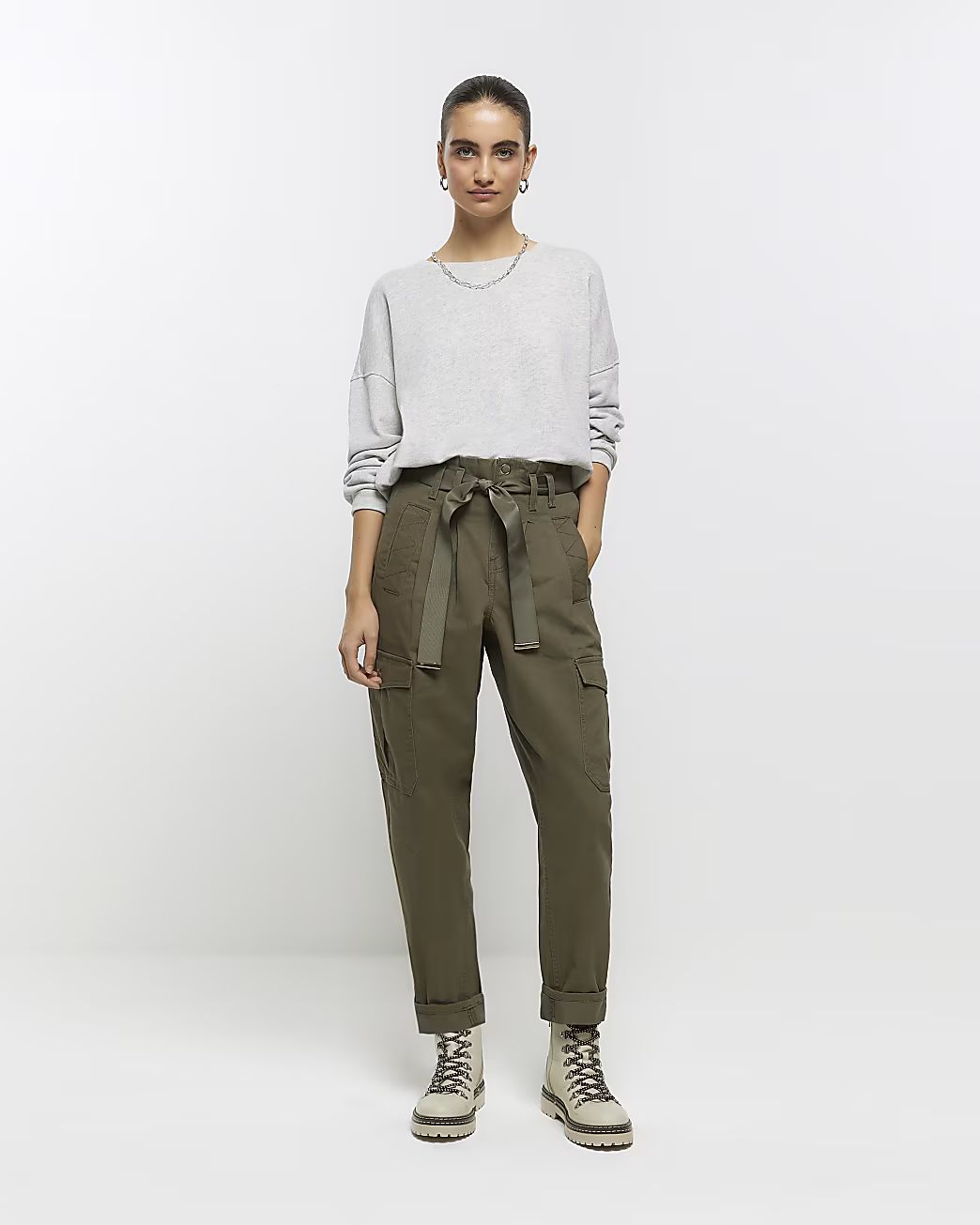 Khaki belted paperbag cargo trousers | River Island (UK & IE)