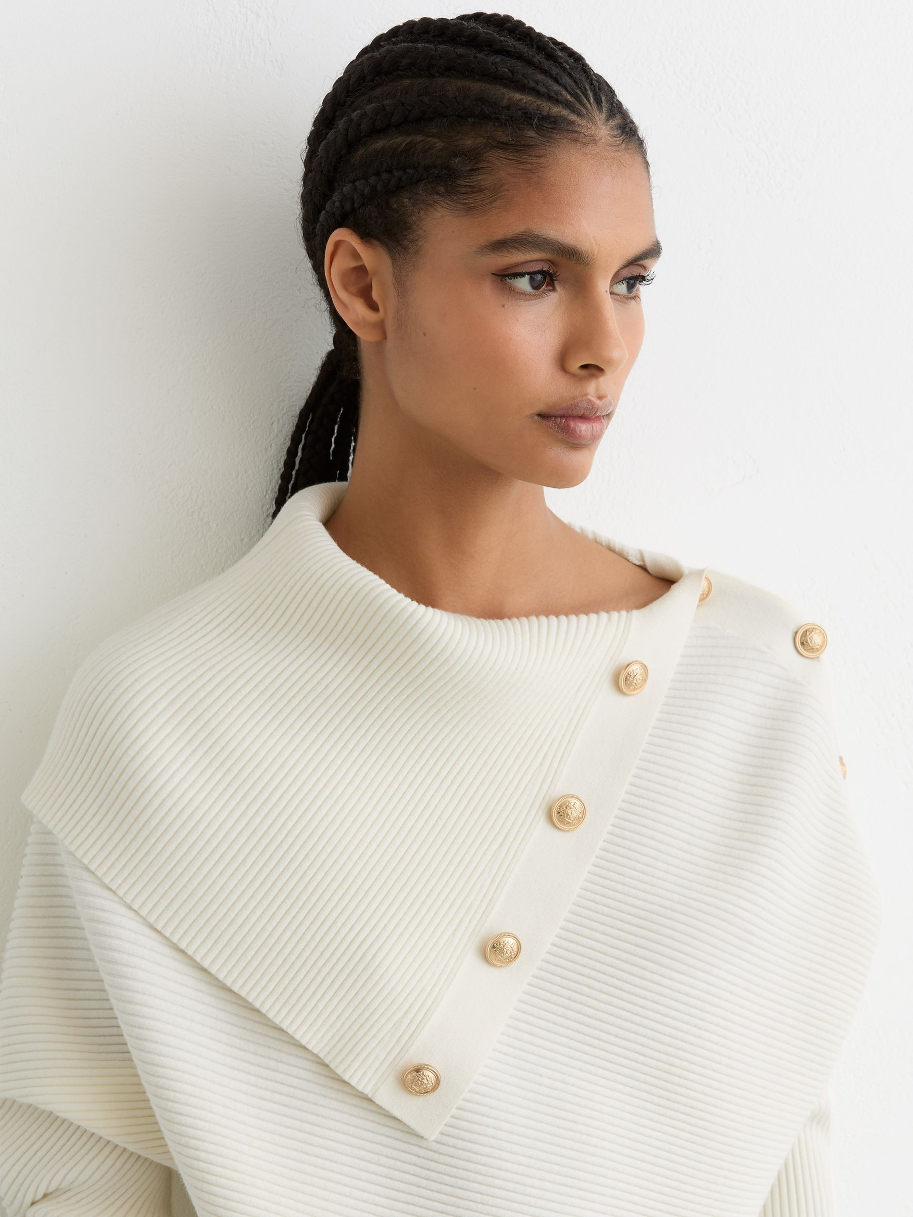 Rib-Knit Button Shawl Jumper in Ivory | Reiss US