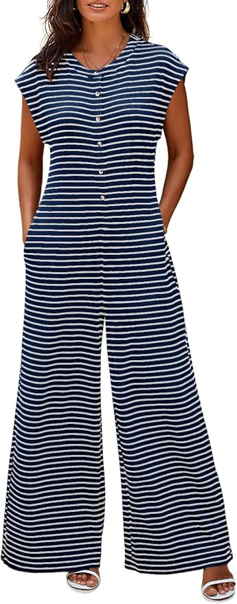 Cicy Bell Womens Casual Striped Jumpsuits Summer Cap Sleeve Wide Leg Jumper Romper Button Down Tr... | Amazon (US)