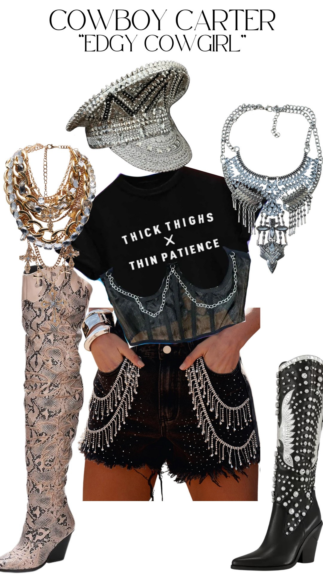 Look #3 is all about the edge! Mixing glam with heavy metals and a touch of western, this is Cowboy Carter Concert Outfit inspiration for the girl who loves all things Beyoncé more than cowboy 🤭 

#LTKFestival #LTKStyleTip