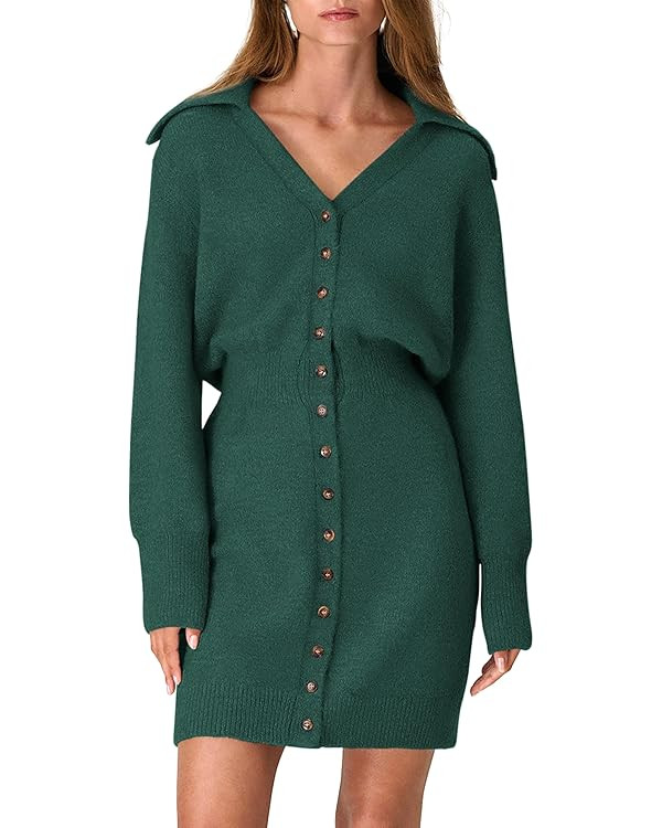 PRETTYGARDEN Sweater Dresses for Women 2024 Trendy Long Sleeve Button Down Short Fall Dress | Amazon (US)