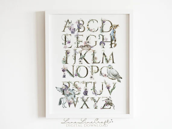 Magical Beast Alphabet Print | Floral Watercolor Printable Nursery Wall Art | Whimsical Wizarding... | Etsy (US)
