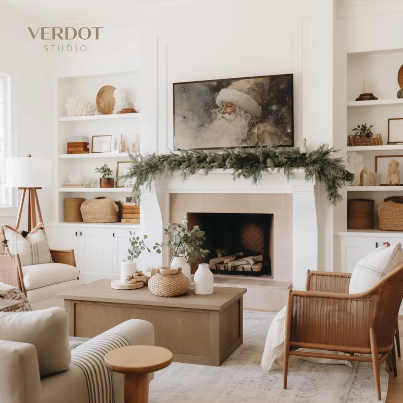 Vintage Santa Christmas Frame Tv Art Neutral Holiday Santa - Etsy | Etsy (US)