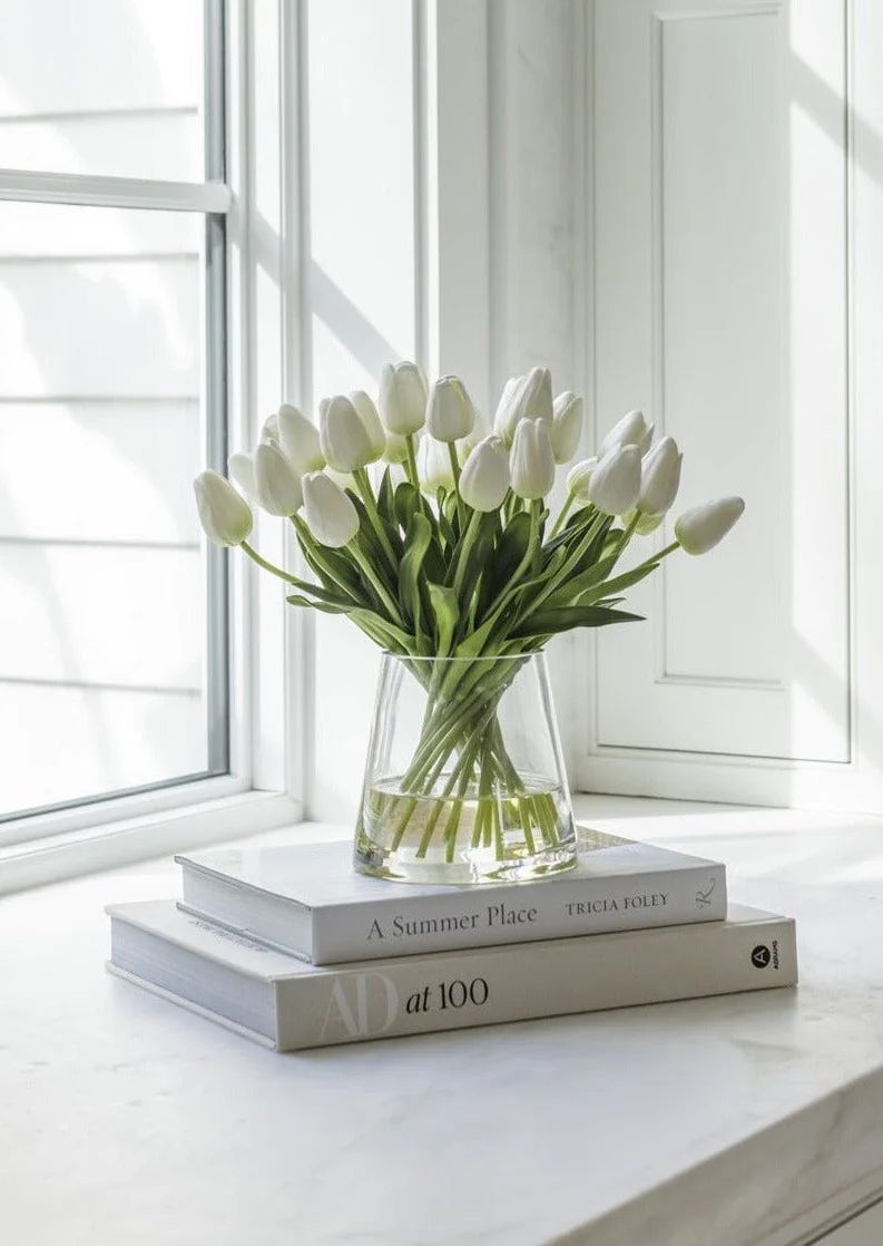 White Tulips in Glass Vase | Faux Flower Arrangements at Afloral.com | Afloral