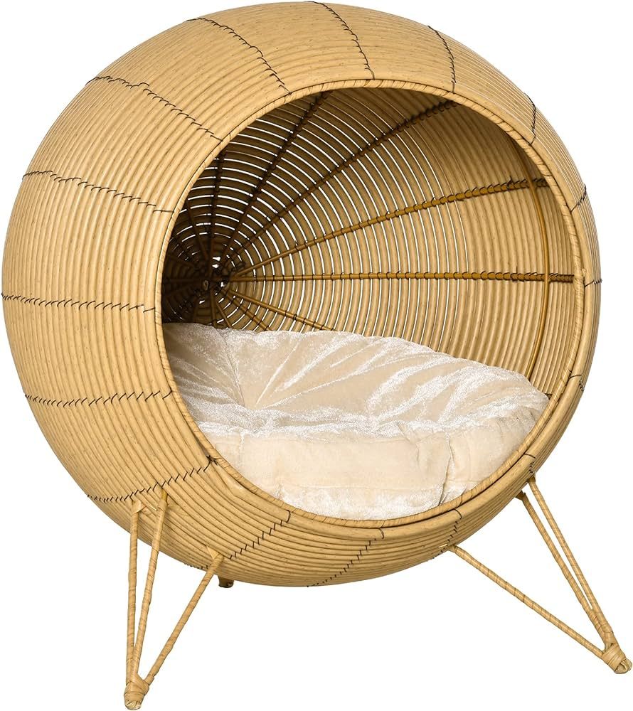 PawHut 20.5" Rattan Cat Bed, Wicker Elevated Round Condo for Comfort and Circulation with Cushion | Amazon (US)