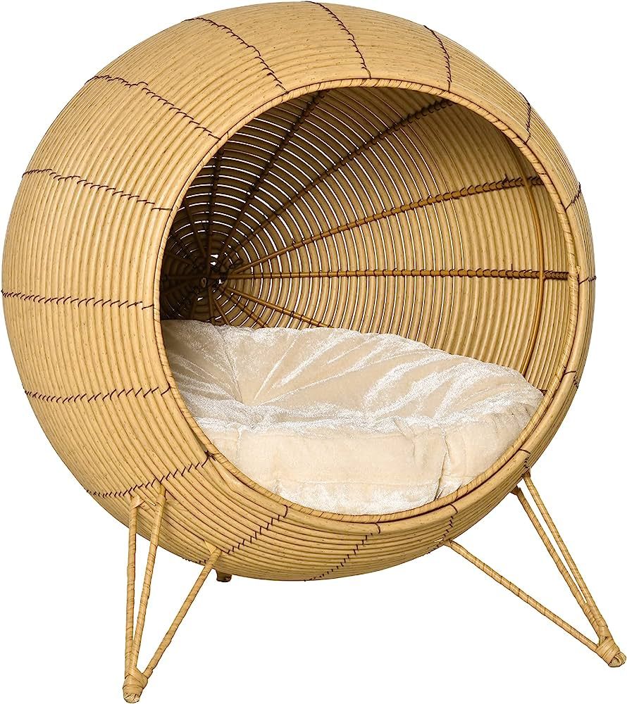 PawHut 20.5" Rattan Cat Bed, Wicker Elevated Round Condo for Comfort and Circulation with Cushion | Amazon (US)