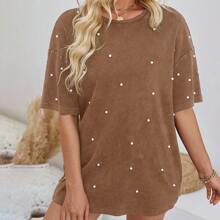 Womens Oversized Drop Shoulder TShirt With Frosting Stud Pearl Design Solid Color For Summer | SHEIN