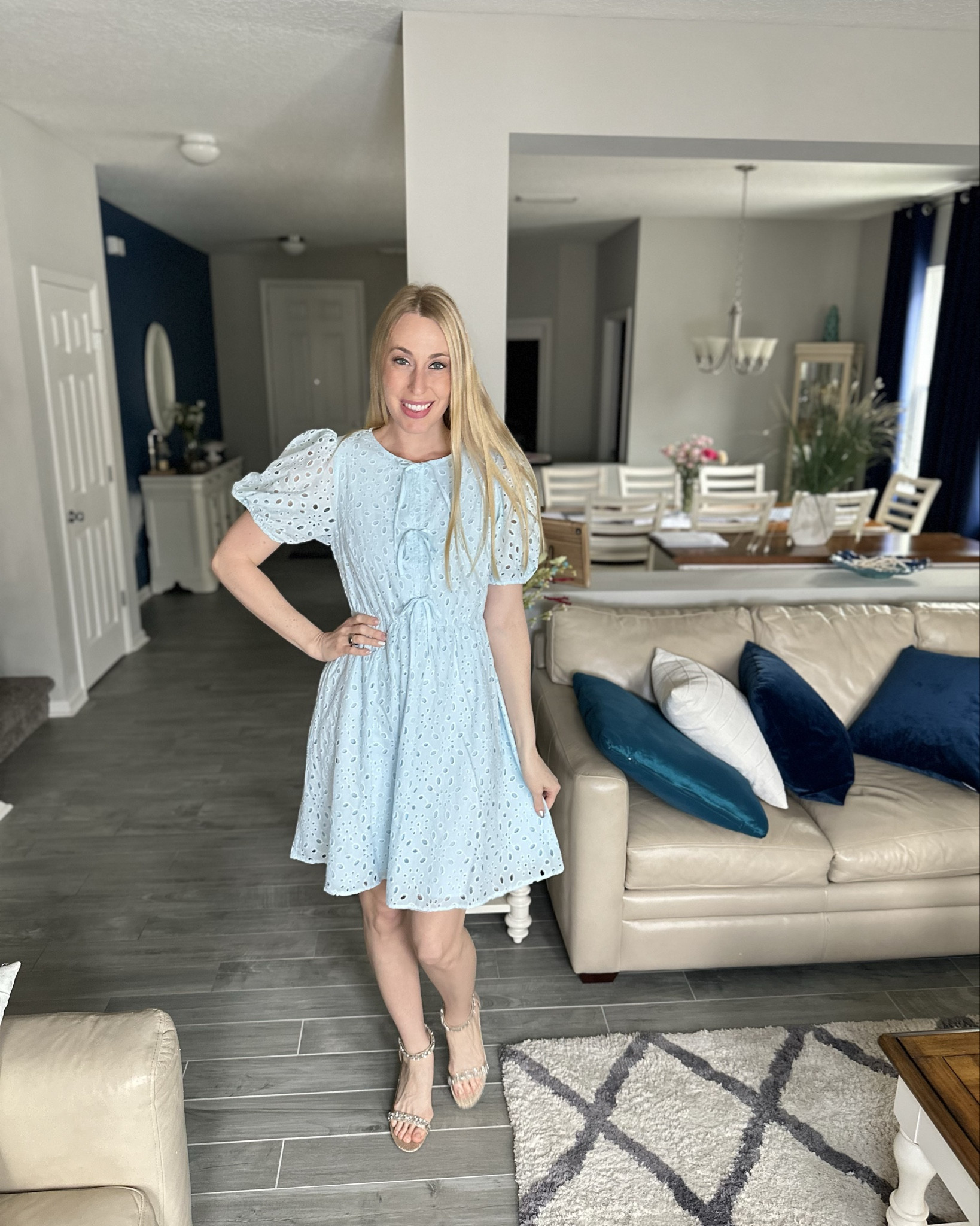 Spring blue eyelet dress 
💙 I love all the cute features of this dress, fits true to size and is a little loose fitted 
💙  a great Easter dress idea  
💙 wearing size small, I am 5’10”

#LTKStyleTip #LTKFindsUnder50 #LTKFindsUnder100