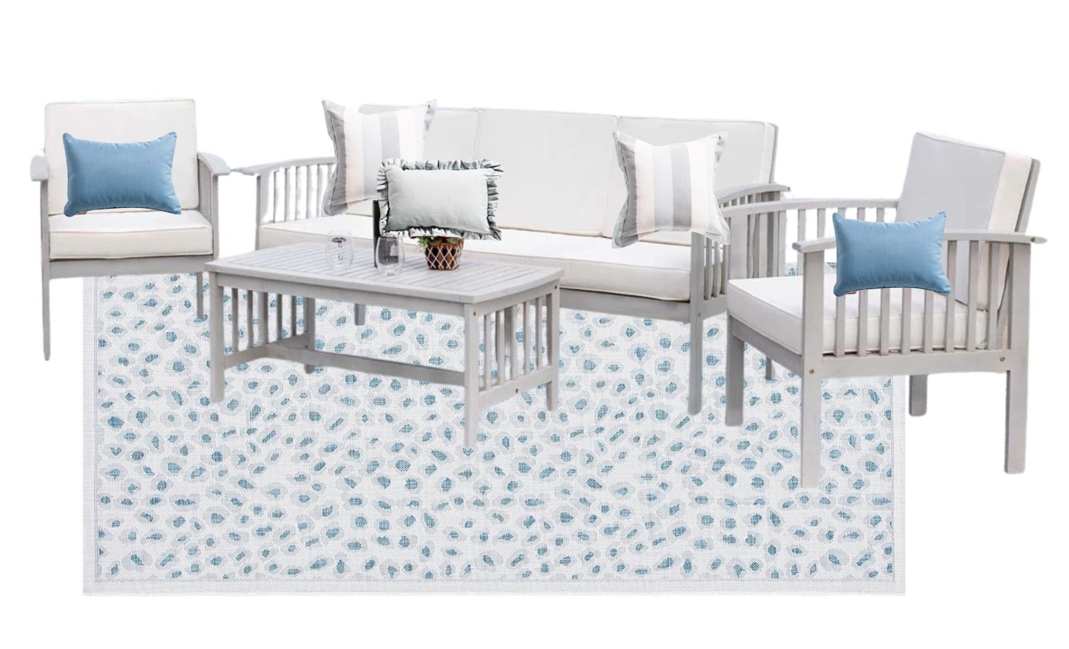 Outdoor furniture refresh on a budget 🤍 gray and white conversation set with a three seat sofa couch for lounging, two club chairs, an outdoor area rug & coordinating Sunbrella throw pillows to tie in the blues grays and whites.

#LTKSaleAlert #LTKSeasonal #LTKHome