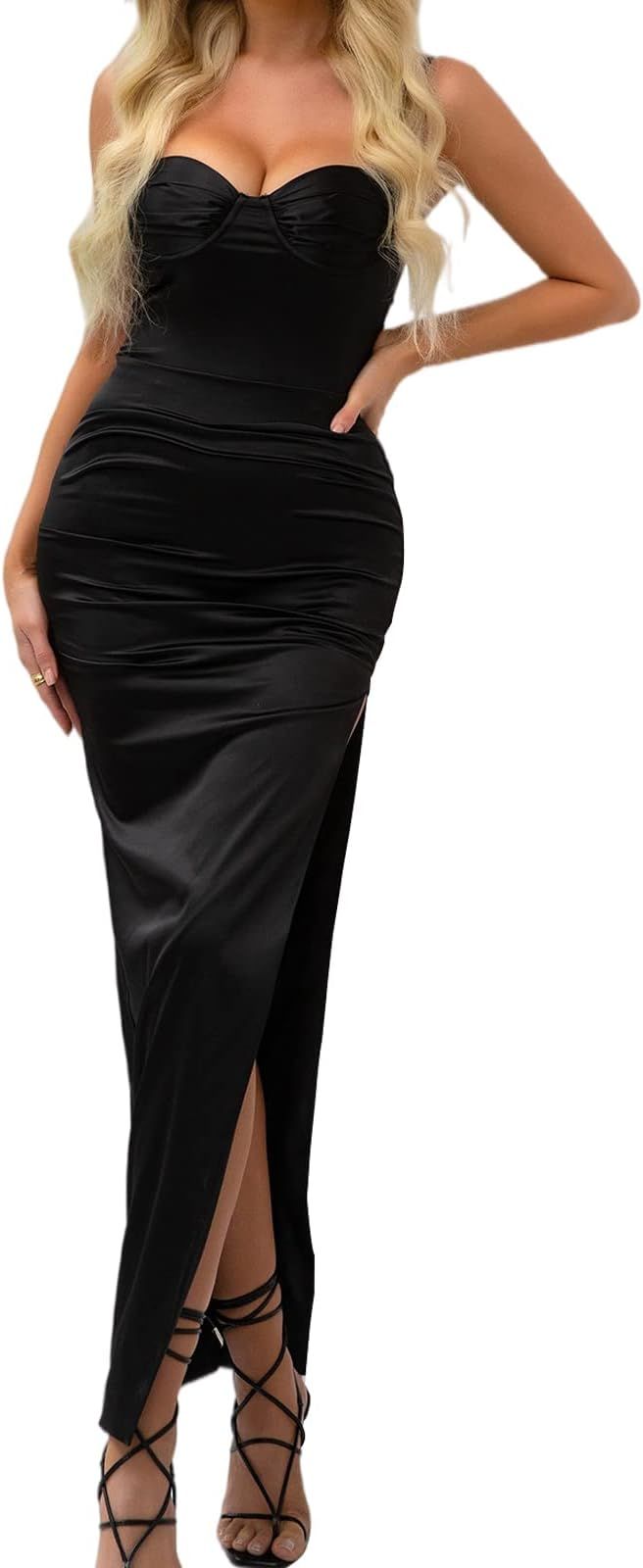 Women's Satin Spaghetti Straps Backless Ruched Bodycon Dress Slit Maxi Cocktail Elegant Dresses f... | Amazon (US)