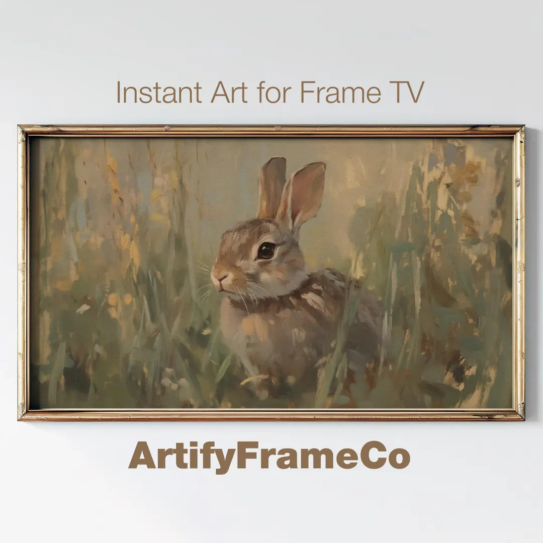 Samsung Frame TV Art, Rustic Bunny Nature Painting, Vintage Neutral Oil Painting, Cottagecore Eas... | Etsy (US)