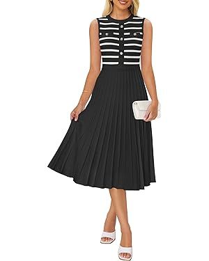 ZESICA Women's Sleeveless Striped Midi Dress Summer Crewneck Button Knit Swing Pleated A Line Cas... | Amazon (US)