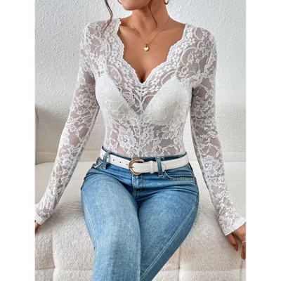 Women's Floral Lace Long Sleeve Top Scalloped V-Neck Sheer Blouse,WHITE,L | Target