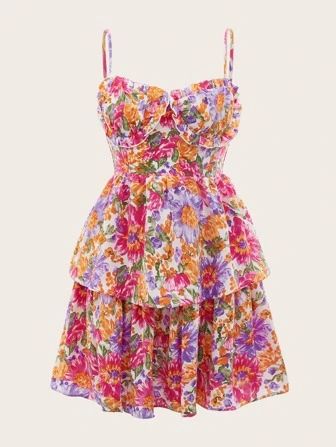SHEIN WYWH Allover Floral Print Frill Trim Layered Cami Dress | SHEIN