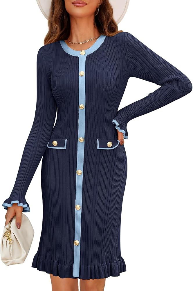 MEROKEETY Women's Long Sleeve Bodycon Sweater Dress Button Color Block Ruffle Ribbed Knit Midi Dr... | Amazon (US)