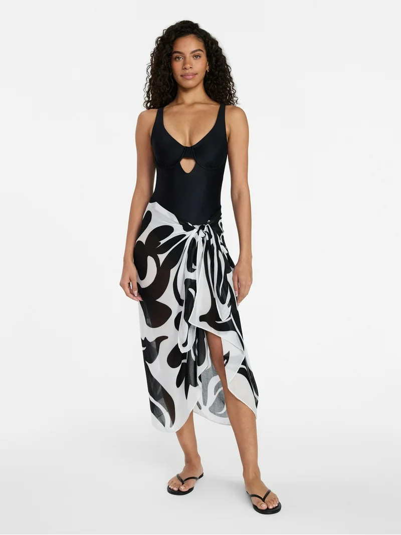 Time and Tru Women's Printed Pareo, One Size, Abstract Floral Winter White | Walmart (US)