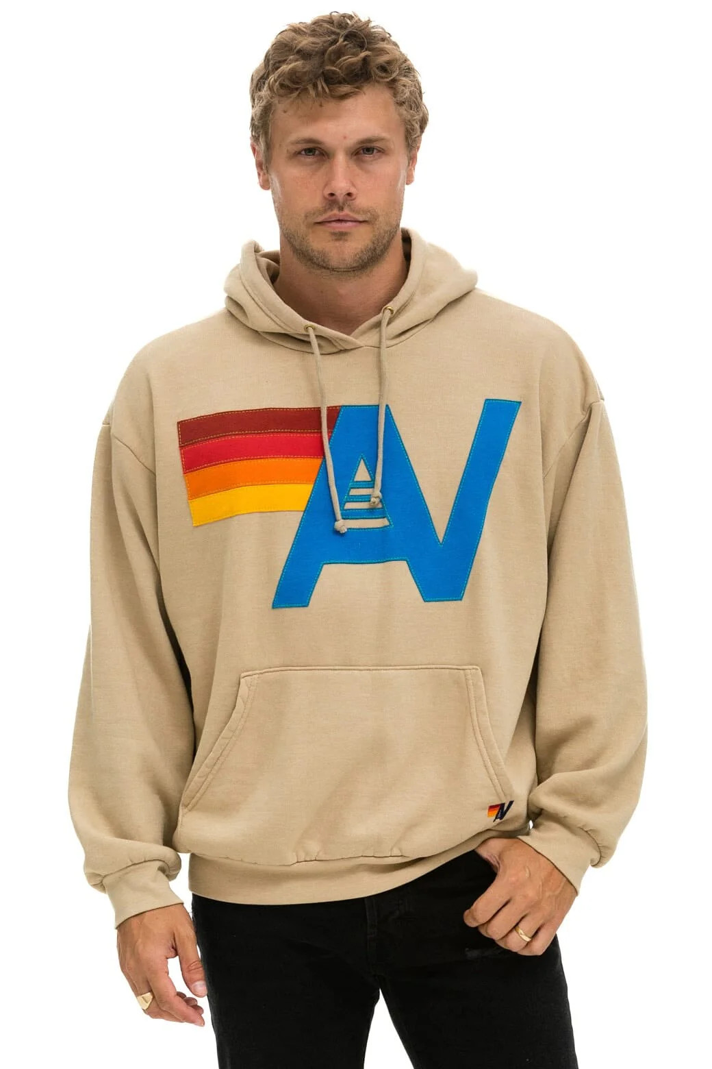 LOGO STITCH PULLOVER RELAXED HOODIE - SAND | Aviator Nation