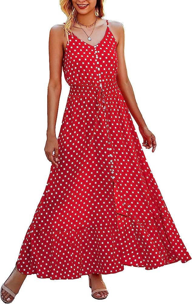 BTFBM Women 2023 Summer Spaghetti Strap V Neck Dress Polka Dot Floral Button Down Slit Sleeveless A- | Amazon (US)