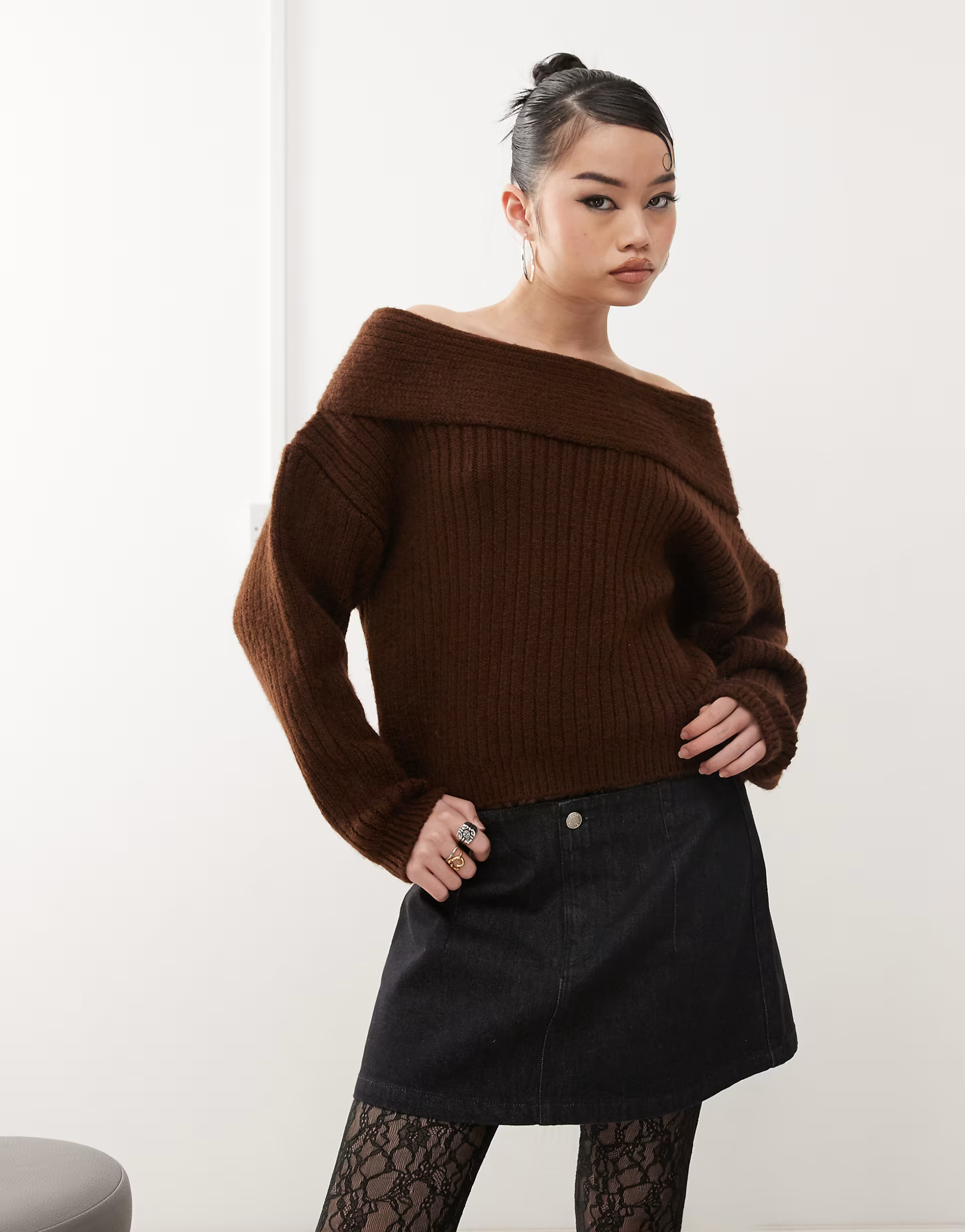 ASOS DESIGN oversized knitted off shoulder jumper in chocolate | ASOS (Global)