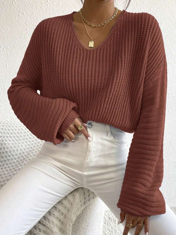 SHEIN Essnce V Neck Drop Shoulder Ribbed Knit Sweater | SHEIN