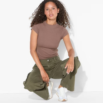 Women's Slim Fit Short Sleeve Mock Turtleneck T-Shirt - Wild Fable™ Brown XL | Target