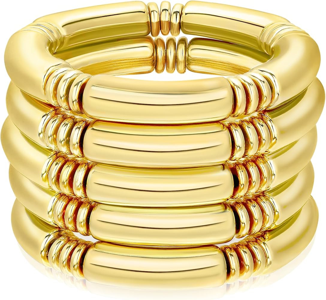 Chunky Gold Bangle Bracelet Set Stack for Women Men Stretchy Snake Link Chain Flexible Wide Wrist... | Amazon (US)