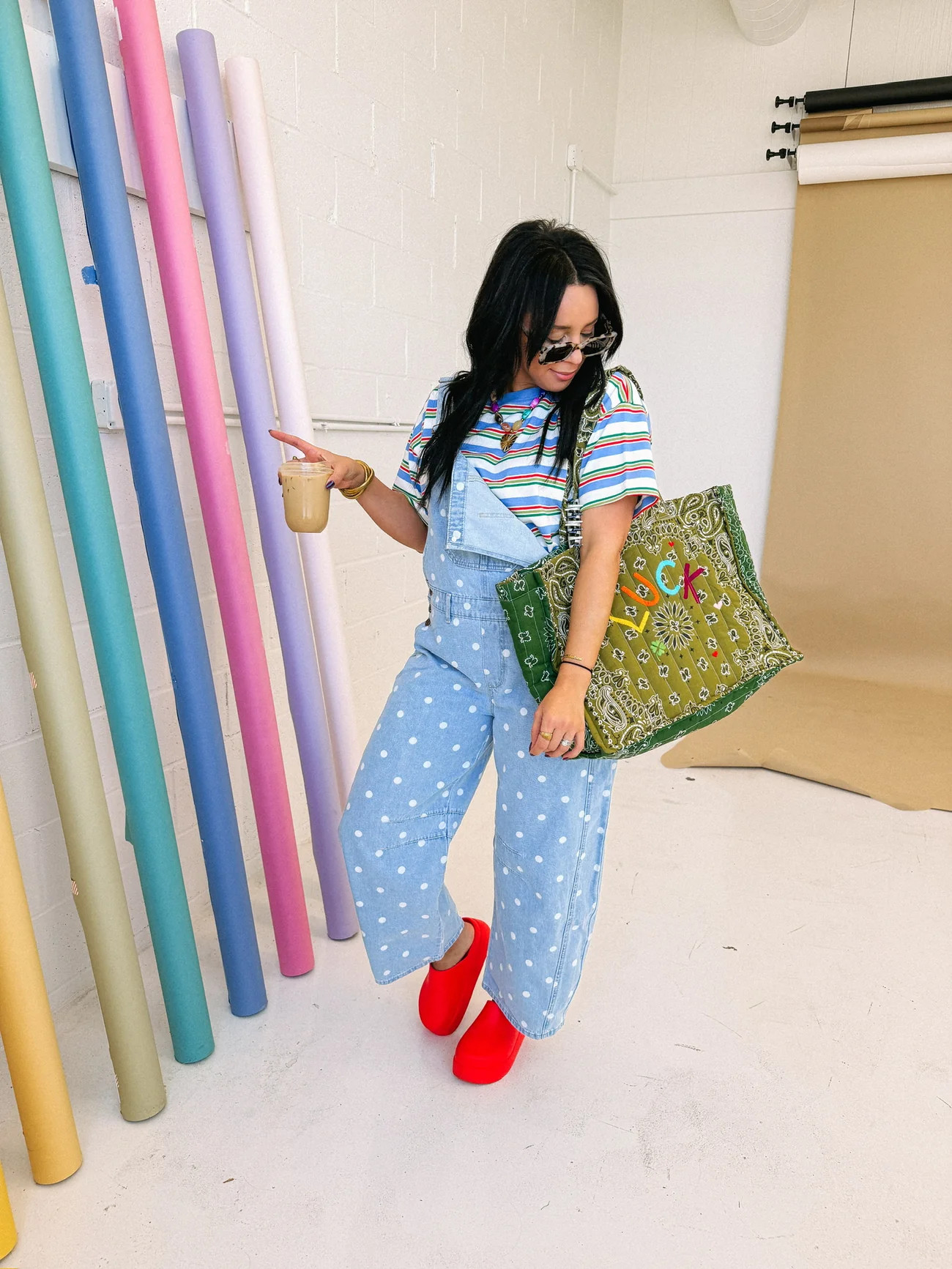 denim polka dot barrel leg overalls | Etta+East