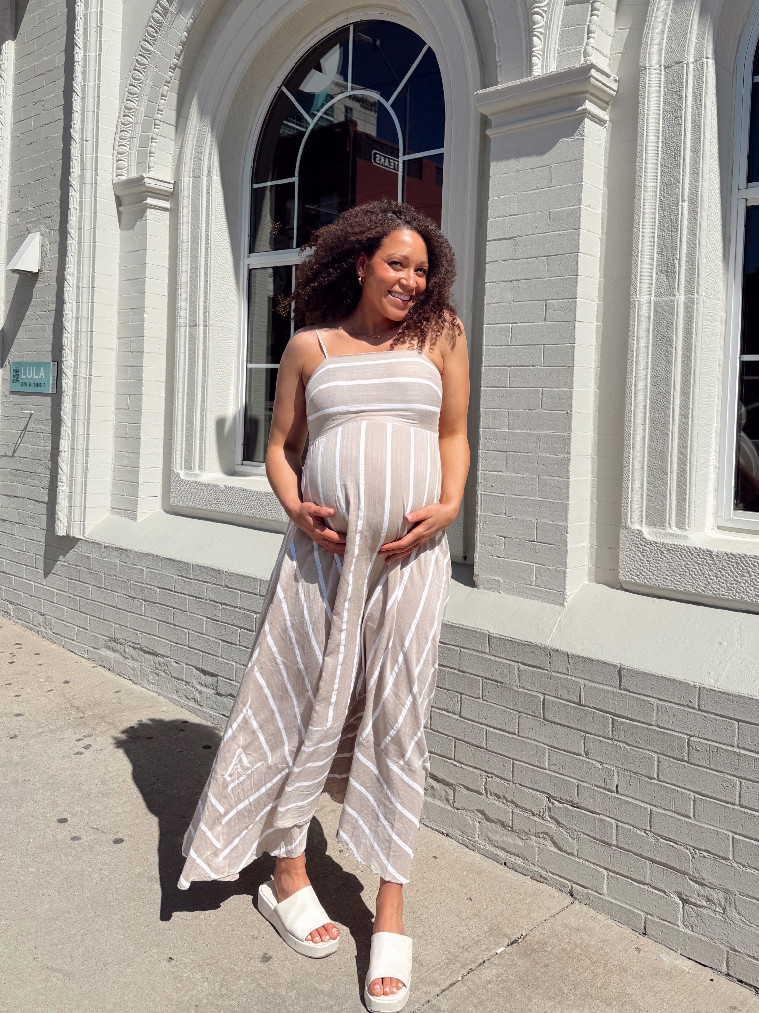 Beige and white striped maxi sun dress perfect for spring or summer! Sized up to a medium for the bump 🤰🏽

#LTKootd #LTKBump