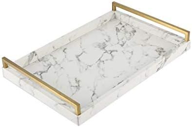 WV Coffee Table Serving Tray Faux Leather White Marble Finish with Brushed Gold Stainless Steel H... | Amazon (US)