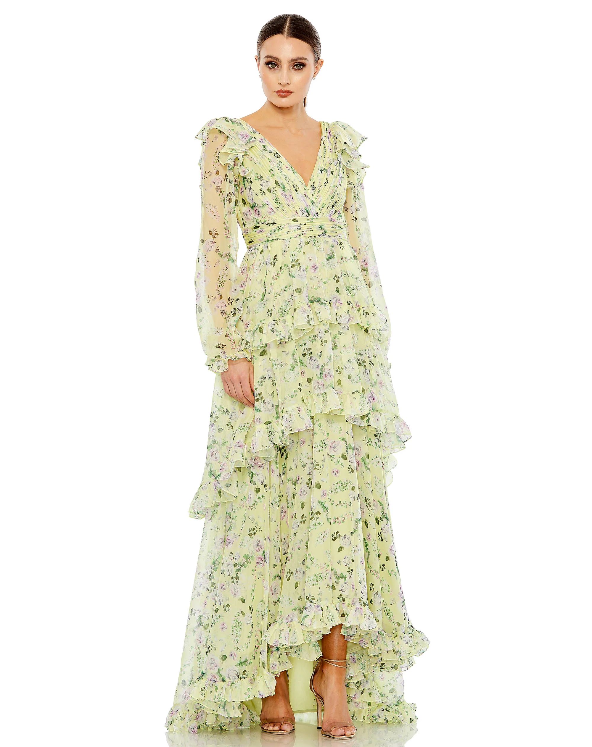 Floral Chiffon Tiered Ruffle Puff Sleeve Gown | Mac Duggal
