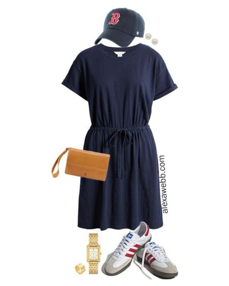Plus Size Fourth of July Outfits 2024 - Look 4 - A plus size casual outfit for 4th of July parties and BBQs with an easy navy knit t-shirt dress, adidas sneakers, baseball cap, and leather wristlet. Alexa Webb #plussize

#LTKStyleTip #LTKPlusSize #LTKSeasonal