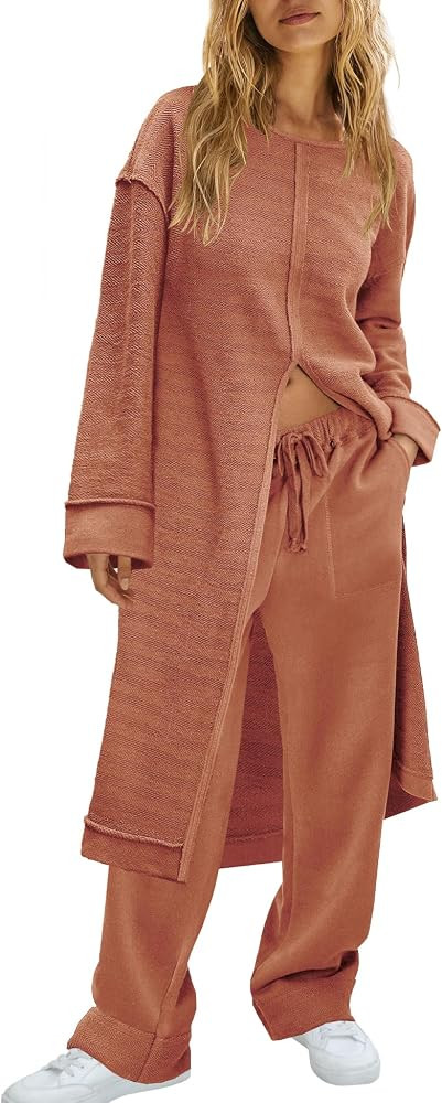 SENSERISE Womens Oversized 2 Piece Outfits Matching Lounge Sets Tunic Tops Wide Leg Pants with Po... | Amazon (US)