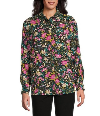 Petite Size Multi Vintage Floral Dolman Long Sleeve Button Front Point Collar Blouse | Dillard's