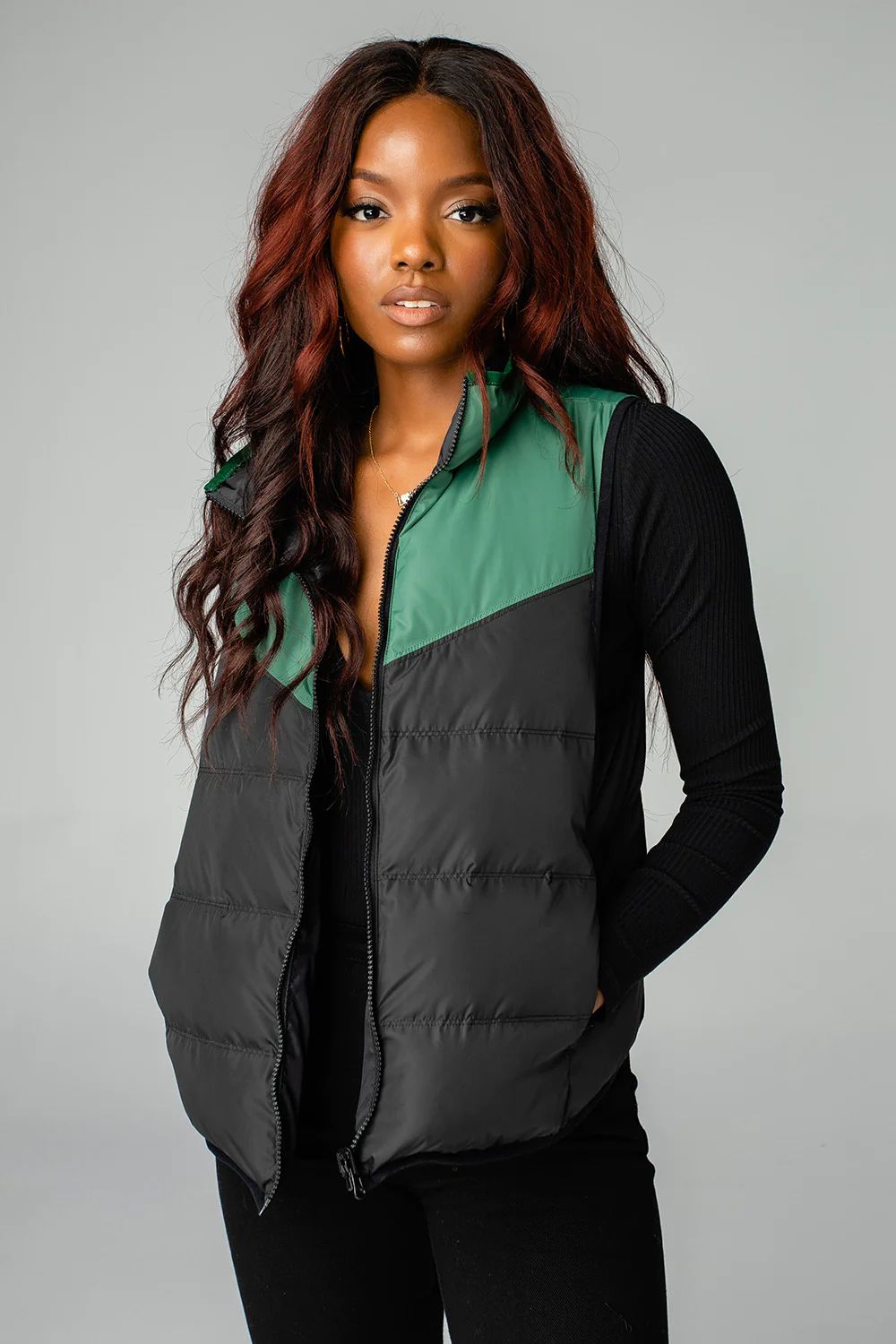 Tanya Two Tone Puffer Vest - Black/Green | BuddyLove