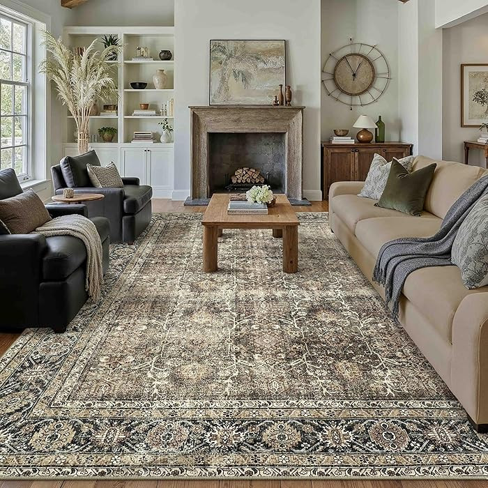 Vintage Area Rug 9x12 Brown Washable Living Room Large Carpet Non Slip Bedroom Indoor Office Low ... | Amazon (US)