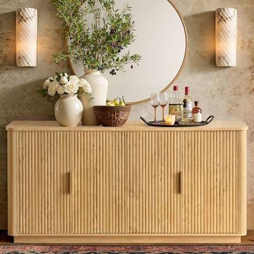 win2win 63" Fluted Sideboard Buffet Cabinet with Storage, Modern Credenza with Faux Marble Top, Curved Corners, Wood Boho Media TV Console Accent Cabinet for Living Room Kitchen Hallway, Oak | Amazon (US)