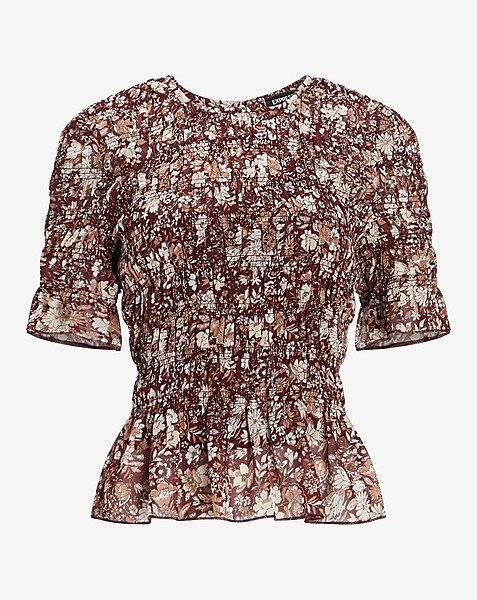 Floral Print All-Over Smocked Ruffle Hem Top | Express