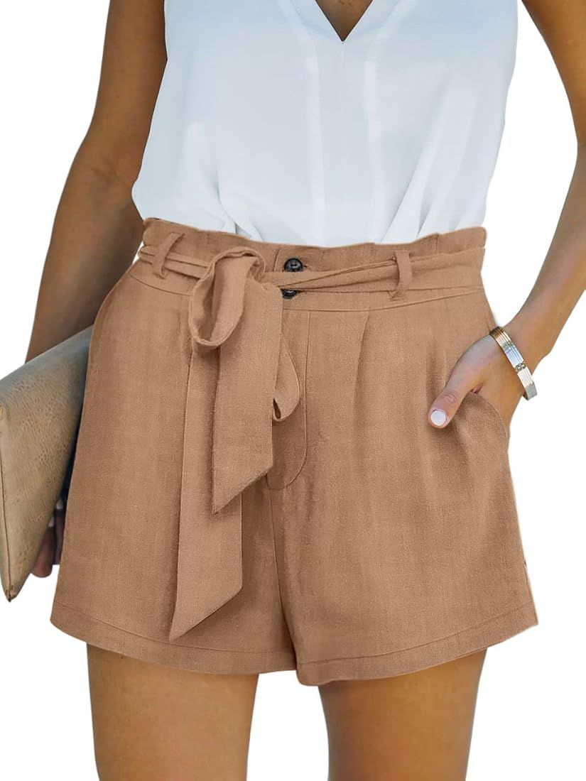 NIMIN High Waisted Linen Shorts for Women Lightweight Summer Beach Paper Bag Shorts with Pockets ... | Amazon (US)