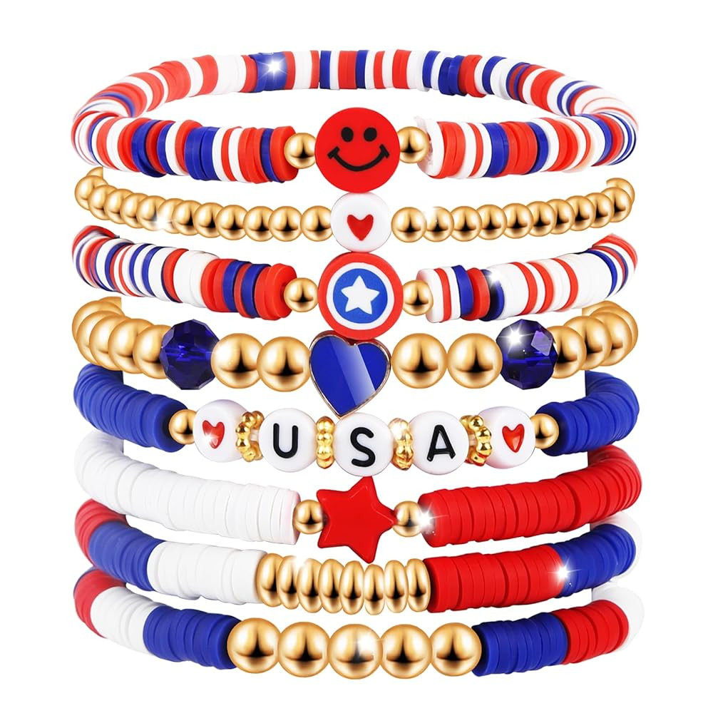 4th of July Outfits for Women- Red White and Blue Bracelets Stackable Beaded Stretchable USA Patr... | Amazon (US)