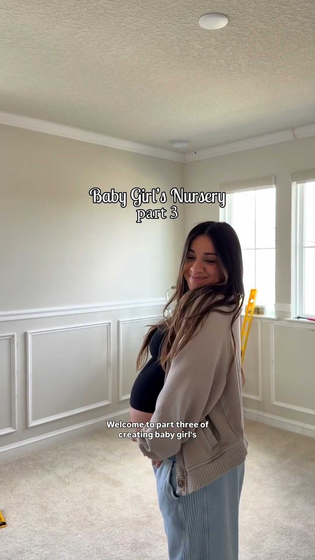 Nursery DIY accent wall progress, trim details and materials all linked!

#diyproject #lowes #diytools #diy #pictureframemolding #chairrail #nursery #nurserydiy #nurseryproject #girlnursery