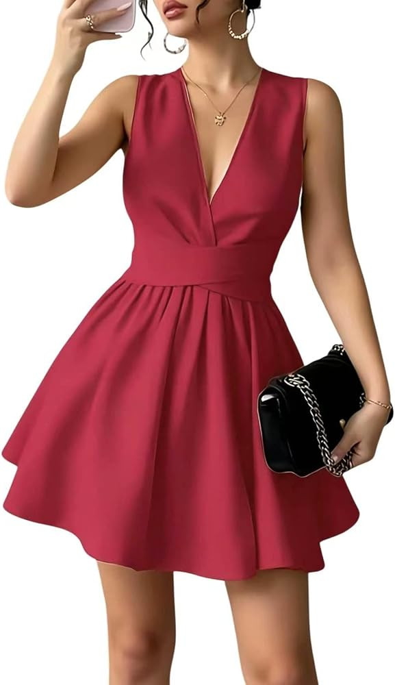 Women's Deep V-Neck Sleeveless A-Line Mini Dress with Bow Back | Amazon (US)