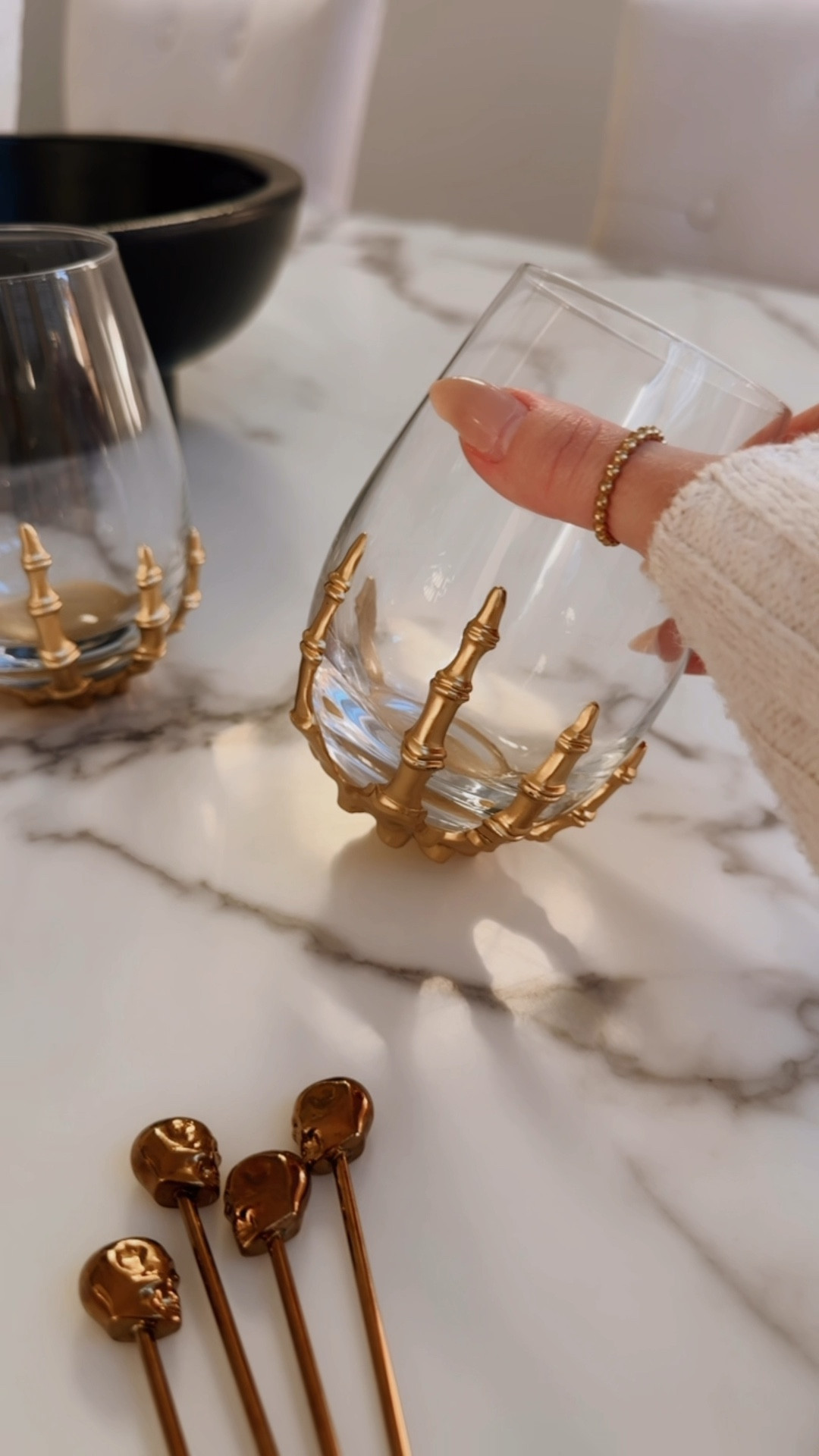 Cute and spooky gold Halloween barware. These skeleton wine glasses are only $5 and quality is GOOD! Also love the brass skull cocktail stirrers for $10! Quality is also amazing - they are heavy and sturdy! 

Halloween decor, Halloween party, Halloween entertaining, spooky decor, glassware, home finds, kitchen finds, festive barware, Target home

#LTKHome #LTKParties #LTKSeasonal