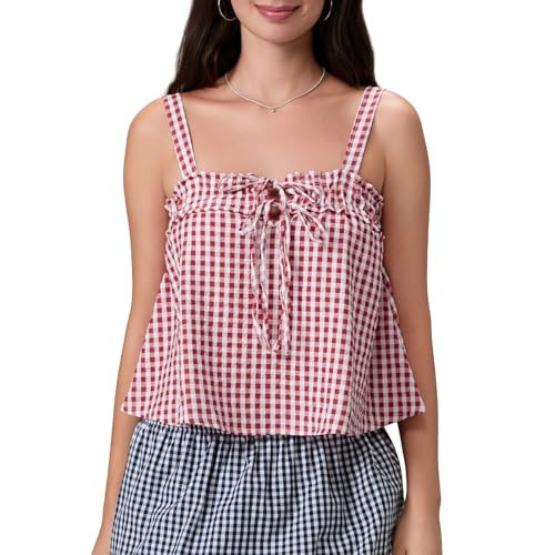 Women Gingham Top Tie Front Plaid Tank Top Y2k Sleeveless Babydoll Aesthetic Streetwear Red XL | Amazon (US)