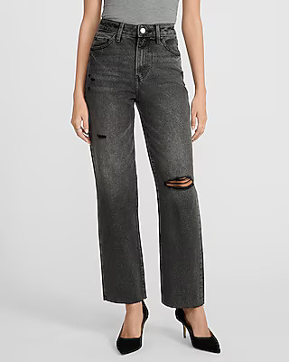 High Waisted Washed Black 50/50 Rigid Stretch Straight Ankle Jeans | Express