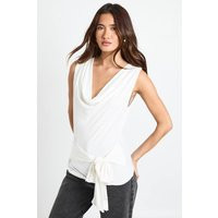 boohoo Women's Cowl Neck Tie Waist Sleeveless Top in White | Size: 12 | Denim | boohoo (US & Canada)