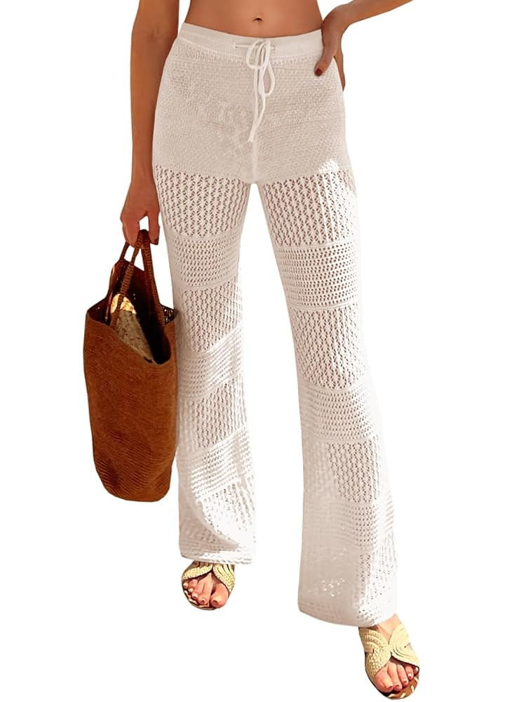Saodimallsu Womens Beach Cover Up Pants Boho Crochet Knit High Waist Drawstring Sheer Hollow Swim... | Amazon (US)