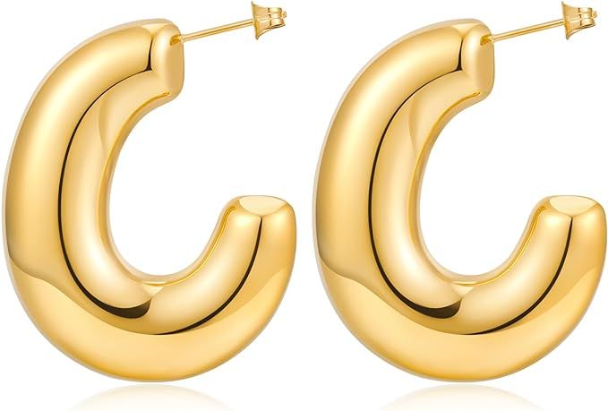 Gold Half Hoop Earrings for Women Chunky Polished Huggies Hoop Earrings Statement Vintage Women J... | Amazon (US)