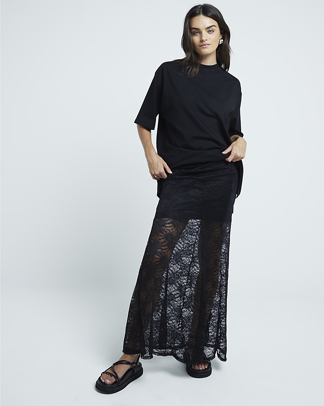 Black Lace Maxi Skirt | River Island (UK & IE)